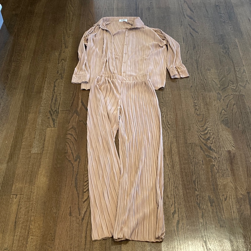 Elegant Beige Pleated Button Down Shirt and Elastic Waist Pants